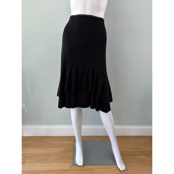 90s Vintage Black Asymmetrical Ruffle Hem Midi Skirt Elegant Feminine size Large - Picture 2 of 7